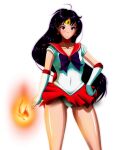 1girl :t ass_visible_through_thighs bare_shoulders bishoujo_senshi_sailor_moon black_hair bow breasts cameltoe choker circlet collarbone commentary_request cowboy_shot earrings elbow_gloves fire gloves grimbyslayer hand_on_own_hip highres hino_rei jewelry leotard long_hair magical_girl medium_breasts ofuda purple_eyes red_sailor_collar sailor_collar sailor_mars sailor_senshi_uniform school_uniform serafuku simple_background solo standing star_(symbol) star_earrings stomach transparent_background underwear underwear_only white_gloves 
