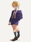  1boy aged_down bandaid bandaid_on_face black_shoes black_socks black_suspenders blood blue_jacket blue_shorts collared_shirt dio_brando formal_clothes highres holding holding_knife jacket jojo_no_kimyou_na_bouken kneehighs knife komiya_harumoto male_focus necktie phantom_blood red_necktie shirt shoes shorts simple_background socks solo suit_jacket white_background white_shirt 