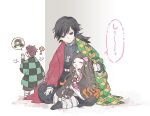  1girl 2boys ? black_hair brown_hair buttons closed_mouth demon_slayer_uniform finger_to_mouth full_body japanese_clothes kamado_nezuko kamado_tanjirou kimetsu_no_yaiba kimono long_hair multiple_boys musical_note pink_kimono ponytail puffy_pants short_hair shushing simple_background sitting smile spiked_hair tomioka_giyuu tuduri white_background 