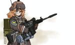  1girl blue_eyes closed_mouth coat commentary cowboy_shot field_radio fluffy_hair fur-trimmed_coat fur_hat fur_trim girls&#039;_frontline girls&#039;_frontline_2:_exilium glasses gun hat holding holding_gun holding_weapon ksvk_12.7 littara_(girls&#039;_frontline_2) mistertililing orange_hair scope smile solo ushanka weapon wkp_(girls&#039;_frontline) 