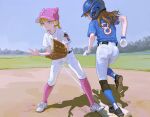  2girls animal_hat baseball baseball_base baseball_cap baseball_helmet baseball_mitt baseball_uniform belt black_belt black_shoes blonde_hair blue_helmet blue_shirt blue_socks braid brown_hair cat_hat field fkey from_behind gloves hat helmet highres multiple_girls original pants pink_hat pink_socks profile purple_eyes shirt shoes short_sleeves sneakers socks socks_over_pants sportswear standing twin_braids white_gloves white_pants white_shirt white_shoes 