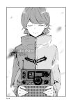  1boy brown_coat closed_eyes closed_mouth coat copyright_name facing_viewer falling_leaves fingernails gamon_yuuta ganjii greyscale highres holding holding_radio leaf long_sleeves male_focus monochrome multicolored_coat non-web_source occultic;nine official_art science_adventure short_hair smile solo upper_body yellow_coat zipper_pull_tab 