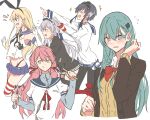  5girls :q akashi_(kancolle) amatsukaze_(kancolle) anchor_hair_ornament aqua_hair bangs black_hair black_legwear black_neckwear black_panties blazer blonde_hair blue_sailor_collar blue_skirt bow bowtie breasts closed_eyes dress elbow_gloves flying_sweatdrops garter_straps gloves grey_hair hair_between_eyes hair_ornament hair_ribbon hair_tubes hairclip highleg highleg_panties highres holding jacket kantai_collection knt02142769 long_hair long_sleeves miniskirt multicolored_hair multiple_girls musical_note open_mouth panties pantyhose pink_hair pleated_skirt red_legwear red_neckwear ribbon rudder_footwear sailor_collar sailor_dress school_uniform serafuku shimakaze_(kancolle) shirt short_hair_with_long_locks sidelocks silver_hair simple_background skirt sleeveless smile striped striped_legwear suzuya_(kancolle) sweat thighhighs tied_shirt tokitsukaze_(kancolle) tongue tongue_out tress_ribbon two_side_up underwear white_background white_gloves wrench 