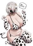  1girl absurdres animal_print armpit_crease bare_shoulders bell bikini black_choker black_mask blush body_freckles bottle breast_freckles breasts choker cleavage closed_eyes collarbone colored_tips commentary covered_mouth cow_print cow_print_bikini cow_print_gloves cow_print_thighhighs cow_tail curled_horns double-parted_bangs ear_piercing english_commentary facing_viewer fake_tail freckles glass_bottle gloves groin hair_between_eyes hair_ornament hands_up highres horns huge_breasts long_hair_between_eyes mask milk milk_bottle mole mole_on_breast mole_on_stomach mole_on_thigh mouth_mask multicolored_hair navel neck_bell o-ring o-ring_bikini original piercing print_bikini print_gloves print_thighhighs raised_inner_eyebrows short_hair side-tie_bikini_bottom signature simple_background sitting solo speech_bubble spoken_food stomach swimsuit tail thigh_freckles thighhighs white_background white_bikini white_gloves white_hair white_horns white_thighhighs x_hair_ornament yuka_(yukaraishin) yukaraishin 
