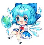  1girl blue_dress blue_eyes blue_hair bow chariko chibi cirno dress fang frozen_frog full_body hair_bow ice ice_wings open_mouth puffy_short_sleeves puffy_sleeves short_sleeves skin_fang smile solo touhou wings 