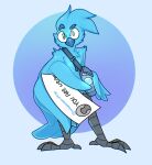  absurd_res ambiguous_gender anthro blue_background blue_bird blue_body blue_feathers cheek_tuft chest_tuft english_text facial_tuft feathers grey_body grey_skin hi_res humor looking_at_viewer satchel shoulder_tuft simple_background smile solo text the_xing1 tuft tweet twitter twitter_bird wide_eyed 