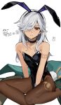  1boy alternate_costume animal_ears bare_shoulders between_legs black_choker black_leotard brown_pantyhose bunny_day choker crossdressing crossdressing_(mtf) cyno_(genshin_impact) fake_animal_ears fake_tail genshin_impact hair_over_one_eye hand_between_legs highres kaawaisann leotard long_hair looking_at_viewer male_focus male_playboy_bunny pantyhose playboy_bunny rabbit_ears rabbit_tail red_eyes simple_background sitting solo strapless strapless_leotard sweat tail trap white_background white_hair 