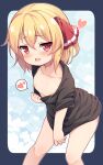  1girl :d baku-p bare_legs black_shirt blonde_hair breasts clothes_pull collarbone fang hair_ribbon heart highres looking_at_viewer naked_shirt naughty_face nipples open_mouth pulled_by_self red_eyes ribbon rumia shirt shirt_pull short_hair short_sleeves small_breasts smile spoken_heart touhou 