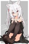  :d absurdres ahoge animal_ear_fluff animal_ears black_dress black_legwear boots breasts brown_footwear cleavage commission dress fangs fox_ears fox_girl full_body hamigakikoice hand_on_own_knee highres long_hair long_sleeves looking_at_viewer off-shoulder_dress off_shoulder one_side_up open_hand open_mouth red_eyes sitting skeb_commission smile strap_slip thighhighs vrchat white_hair 