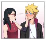  1boy 1girl artist_name bare_shoulders benteja black_eyes black_hair blonde_hair blue_eyes boruto:_naruto_next_generations glasses holding_hands looking_at_another lying naruto_(series) on_back simple_background uchiha_sarada uzumaki_boruto watermark whisker_markings whiskers white_background 