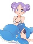  1girl :d bikini blue_eyes bluearcadegames blush breasts double_bun hair_bun highres hiiragi_kagami inflatable_dolphin inflatable_toy looking_at_viewer lucky_star panties purple_hair side-tie_panties simple_background smile star_print_bikini swimsuit thighs tsurime underwear white_background white_bikini 