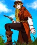  1girl absurdres badge belt black_pants blonde_hair blue_eyes boots bracelet brown_boots brown_hat chromatic_aberration cloud coat cowboy_boots cowboy_hat duster_coat earrings from_below grass gun hat highres holding holding_gun holding_weapon jewelry kamisato_sora laces layered_sleeves long_hair long_sleeves looking_at_viewer mouth_hold original outdoors pants pointy_ears revolver short_over_long_sleeves short_sleeves sky solo spurs stalk_in_mouth weapon 