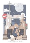  1girl bandaid bangs blunt_bangs blush book book_stack brown_hair cactus cloud crater english_text eyebrows_visible_through_hair guitar haru57928031 instrument long_sleeves medium_hair moon original shoes sign sitting solo white_footwear wide_shot window 