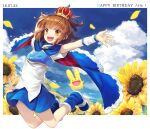  1girl arle_nadja armor arms_up blue_boots blue_cape blue_skirt blue_sky boots breastplate brown_hair cape carbuncle_(puyopuyo) cloud cloudy_sky creature crown dated flower happy_birthday kuroda_(kuro_yyy) medium_hair open_mouth ponytail puyopuyo red_cape red_crown shirt short_sleeves skirt sky smile solo sunflower teeth two-tone_cape upper_teeth_only white_shirt 