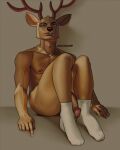  4:5 anthro antlers beastars beckoning brown_body brown_fur cervid circumcised clothing flaccid footwear footwear_only fur genitals gesture guccigarf hi_res horn humanoid_genitalia humanoid_penis looking_at_viewer louis_(beastars) male mammal mostly_nude nude penis sitting socks socks_only solo 