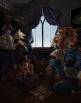  1other 2boys 2girls beak belt bird_girl blue_hair blue_pants blue_skin board_game boots brown_boots brown_hair brown_hat brown_pants brown_shirt ceroba clover_(undertale_yellow) colored_skin cowboy_boots cowboy_hat cssandraa curtains dalv_(undertale_yellow) denim food fox_girl freckles frills furry furry_female furry_male hat highres holding holding_plate horns indoors japanese_clothes jeans kimono martlet_(undertale_yellow) multiple_boys multiple_girls neckerchief open_mouth orange_hair pants pink_skin plate portrait_(object) purple_hair purple_pants red_scarf scarf shirt sitting smile spurs starlo tank_top undertale undertale_yellow utdr_(toby_fox) vampire white_kimono white_shirt white_tank_top window yellow_neckerchief yellow_skin 