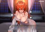  ... 1girl areola_slip areolae bangs bare_shoulders blurry blurry_background blush breasts cleavage commentary_request curtains diluc_ragnvindr dress english_text frilled_sleeves frills gameplay_mechanics genderswap genderswap_(mtf) genshin_impact hair_between_eyes heart highres indoors large_breasts long_hair long_sleeves looking_at_viewer on_bed open_mouth red_eyes red_hair scar scar_on_arm scar_on_chest solo speech_bubble white_dress window yavalley 