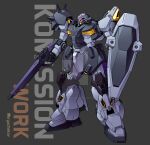  beam_rifle cable character_name color_variation commission energy_gun english_commentary gundam gundam_hathaway&#039;s_flash highres kryuchekov machinery mecha mecha_focus messer_(mobile_suit) mobile_suit no_humans original redesign robot science_fiction shield shoulder_spikes signature spikes weapon 