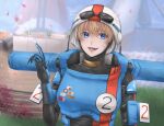  1girl apex_legends armor bangs blue_eyes bodysuit goggles goggles_on_headwear helmet lichtenberg_figure looking_to_the_side official_alternate_costume open_hand open_mouth pointing pointing_up power_armor scar scar_on_cheek scar_on_face science_fiction smile solo sorata_(fuyuki_15_50) wattson_(apex_legends) white_headwear 