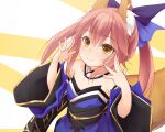  1girl animal_ear_fluff animal_ears blue_bow blue_kimono bow detached_sleeves fate/extra fate/grand_order fate_(series) fox_ears fox_girl fox_tail hair_bow haryuu_(poetto) highres japanese_clothes kimono pink_hair smile solo tail tamamo_(fate)_(all) tamamo_no_mae_(fate) twintails wide_sleeves yellow_eyes 