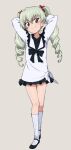  1girl anchovy_(girls_und_panzer) arms_behind_head black_bow black_bowtie black_shoes black_skirt blouse bow bowtie brown_eyes char's_counterattack closed_mouth collared_shirt commentary_request cosplay drill_hair flats full_body girls_und_panzer green_hair grey_background gundam hair_ribbon highres kayabakoro long_hair long_sleeves looking_at_viewer miniskirt quess_paraya quess_paraya_(cosplay) red_ribbon ribbon shirt shoes simple_background skirt smile socks solo standing tied_shirt twin_drills twintails white_shirt white_socks 