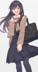  1girl :d belt_buckle black_bag black_hair black_legwear black_skirt blazer blue_eyes blush brown_jacket buckle clothes_grab eyebrows_visible_through_hair feet_out_of_frame floating_hair hanging_on_arm jacket koju_touma long_hair looking_at_viewer nanami_touko open_mouth red_ribbon ribbon shirt_under_jacket simple_background skirt smile thighhighs white_background yagate_kimi_ni_naru 