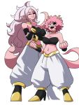 2girls android_21 arm_under_breasts ashido_mina black_footwear black_sclera boku_no_hero_academia breasts cleavage clenched_hands colored_sclera colored_skin cosplay crossover detached_sleeves dragon_ball dragon_ball_super gold_choker harem_pants high_heels highres horns long_hair majin_android_21 majin_android_21_(cosplay) medium_breasts midriff multiple_girls navel one_eye_closed pants pink_hair pink_skin pointing pointing_at_self pointy_ears red_eyes short_hair silver_hair smile tail tina_fate trait_connection very_long_hair white_background white_pants yellow_eyes 
