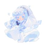  1girl black_gloves blue_eyes blue_hair blush bubble colored_eyelashes cookie_run cookie_run:_kingdom dress floating_clothes full_body gloves long_dress long_hair looking_at_viewer nun own_hands_together reed seltzer_cookie smile veil white_background white_dress white_eyelashes white_veil 