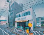  blue_sky cerulean_city commentary english_commentary gen_1_pokemon highres outdoors pokemon pokemon_(creature) power_lines psyduck simone_mandl sky 