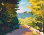  blue_sky bush caterpie commentary english_commentary gen_1_pokemon grass highres mountain no_humans outdoors pidgey plant pokemon pokemon_(creature) road simone_mandl sky tree viridian_forest weedle 