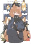  1girl absurdres animal animal_on_head bangs black_cat black_hoodie brown_eyes cat cat_on_head cloud covered_mouth english_text eyebrows_visible_through_hair haru57928031 highres holding holding_animal holding_cat hood hoodie lantern long_sleeves looking_at_viewer on_head original solo 