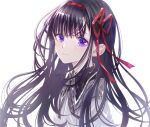  1girl akemi_homura black_hair hair_ribbon highres long_hair looking_at_viewer magical_girl mahou_shoujo_madoka_magica purple_eyes red_ribbon ribbon riri_(ririwaldorf) smile solo 