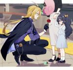  1boy 2girls absurdres bangboo_(zenless_zone_zero) black_gloves black_hair black_pants black_shoes blonde_hair blue_dress blue_shirt bow closed_mouth commentary_request crying crying_with_eyes_open dress flower food from_side gloves hair_bow hair_flower hair_ornament highres holding holding_hands hugo_vlad ice_cream ice_cream_cone ice_cream_cone_spill jacket juliet_sleeves long_hair long_sleeves multiple_girls pants pointy_ears profile puffy_sleeves red_flower red_rose rose senta_(ysk_0218) shirt shoes skirt socks squatting streamers tears very_long_hair white_socks zenless_zone_zero 