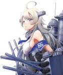  1girl absurdres ahoge bare_shoulders blue_neckwear breasts cannon headgear highres kantai_collection large_breasts long_hair necktie rigging shirt silver_eyes silver_hair sleeveless sleeveless_shirt smokestack solo tr-6 turret washington_(kancolle) white_shirt 