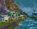  blue_sky building bush commentary english_commentary exeggutor gen_1_pokemon grass highres mountain outdoors palm_tree plant pokemon pokemon_(creature) rain road sign simone_mandl sitting sky tree 