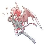  1girl ahoge bare_shoulders bat_wings boots closed_eyes detached_sleeves drill_hair flying from_side full_body grey_boots grey_shirt hato_no_mune_wo_momitai kasane_teto music musical_note open_mouth red_hair shirt shoulder_tattoo simple_background singing sleeveless sleeveless_shirt solo tattoo thigh_boots twin_drills utau white_background wings 