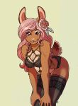  accessory anthro breasts brown_body brown_fur cleavage clothed clothing female flower flower_in_hair fur hair hair_accessory hands_on_knees hi_res kantachibli lagomorph leaning leaning_forward leggings legwear leporid lingerie looking_at_viewer mammal panties pink_hair plant rabbit rope rose_(flower) smile solo thigh_highs underwear whiskers 