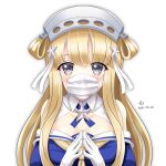  1girl blonde_hair blue_shirt breasts cleavage covered_mouth double_bun fletcher_(kancolle) gloves hair_ornament hairband highres kantai_collection large_breasts long_hair mask mouth_mask off_shoulder sailor_collar school_uniform serafuku shirt silver_eyes solo star_(symbol) star_hair_ornament surgical_mask tk8d32 upper_body white_gloves white_sailor_collar 