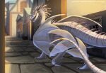 accessory albino censored claws detailed_background dewclaw digital_media_(artwork) dragon female feral fin flamespitter furgonomics genitals horn ineffective_censorship jewelry_only looking_at_viewer looking_back mythological_creature mythological_scalie mythology open_mouth presenting presenting_vulva raised_tail rear_view scalie solo spines stripes tail tail_accessory tail_fin teeth vulva whitewillow wings