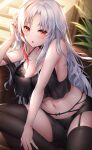  1girl :o azur_lane bangs bare_shoulders black_bra black_camisole black_legwear black_nails black_shorts blush bra breasts camisole cleavage commentary_request eyebrows_visible_through_hair fingernails hand_in_hair hand_up highres indoors large_breasts long_hair looking_at_viewer midriff mole mole_on_breast multicolored_hair nail_polish navel on_chair oyuwari parted_bangs red_eyes red_hair short_shorts shorts sitting solo stairs stomach streaked_hair tallinn_(azur_lane) tallinn_(nostalgic_pilsner)_(azur_lane) thighhighs underwear very_long_hair white_hair 