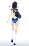  1girl absurdres ass back_cutout bag bare_arms bare_back bare_shoulders black_hair blue_footwear blue_swimsuit clothing_cutout commentary_request competition_swimsuit from_behind full_body highres kneehighs loafers long_hair murakami_suigun one-piece_swimsuit original school_bag shoes simple_background solo swimsuit walking white_background white_legwear 