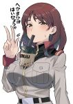  1girl belt blush breasts brown_eyes brown_hair bubble_tea bubble_tea_challenge drink drinking drinking_straw drinking_straw_in_mouth gundam gundam_lost_war_chronicles highres jacket large_breasts looking_at_viewer military military_uniform noel_anderson object_on_breast short_hair solo sweatdrop upper_body v yamany 