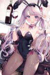  1girl alcohol animal_ears armband blush bottle bow breasts bunny_ears character_request cleavage copyright_request couch cup drinking_glass fishnets hair_bow hair_ribbon headband highlights highres kat_(bu-kunn) looking_at_viewer multicolored_hair plate playboy_bunny purple_eyes ribbon silver_hair twintails v wine wine_bottle wine_glass 