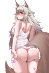  1girl absurdres ahoge animal_ear_fluff animal_ears ass bandaid bandaid_on_leg blush breasts brown_hair camisole colored_tips fox_ears fox_girl fox_tail foxplushy grey_eyes grey_hair highres indie_virtual_youtuber looking_back median_furrow multicolored_hair panties pink_panties second-party_source solo sweat tail tail_through_clothes underwear virtual_youtuber white_background white_camisole yobi_(ybpac18) 