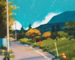  bellsprout blue_sky commentary english_commentary gen_1_pokemon grass highres mountain no_humans oddish outdoors pokemon pokemon_(creature) power_lines road simone_mandl sky traffic_cone tree utility_pole 