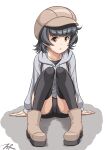  1girl alternate_costume arare_(kancolle) black_hair black_legwear black_shorts boots brown_eyes brown_footwear brown_headwear cabbie_hat commentary_request drawstring grey_sweater hat highres hood hooded_sweater hoodie kantai_collection looking_at_viewer short_hair shorts simple_background sitting solo sweater t2r thighhighs white_background 