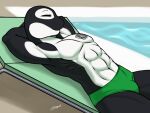  bulge cetacean clothing delphinoid furball_(artist) lying male mammal marine oceanic_dolphin on_back orca poolside solo speedo swimwear toothed_whale 