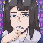  animated animated_gif black_hair blazer blue_jacket clenched_hand eizouken_ni_wa_te_wo_dasu_na! eyewear_on_head freckles grey_eyes image_sample jacket kanamori_sayaka long_hair nellawashere pixel_art purple_background school_uniform teeth thick_eyebrows twitter_sample 