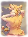  anthro bovid bovine breasts brush cattle clothed clothing dripping ear_tag female fur hairbrush hi_res kantachibli lotion mammal nipples side_boob solo tan_body tan_fur topless towel towel_only water wet 