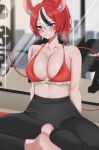  1girl animal_ear_fluff animal_ears black_hair black_pants blue_eyes bra breasts cleavage collarbone gym hair_between_eyes hakos_baelz highres hololive hololive_english mouse_ears mouse_girl mouse_tail multicolored_hair pants red_bra red_hair solo streaked_hair sweat tail underwear virtual_youtuber white_hair yobi_(ybpac18) yoga_pants 